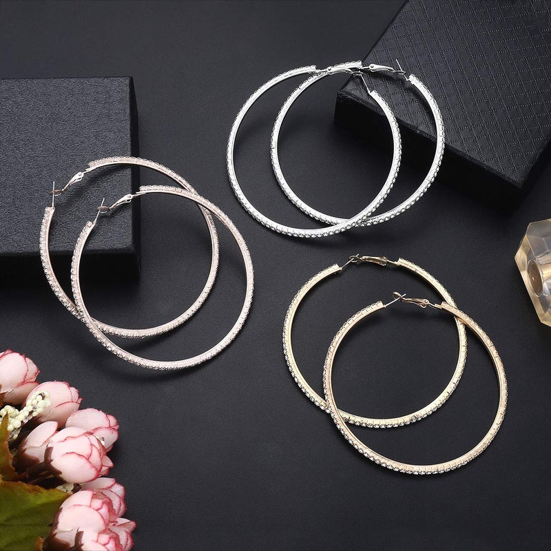 BSJELL Big Hoop Earrings Set of 3 Large Rhinestone Hoop Earrings Gold/Rose Gold/Silver Plated Fashion Bridal Wedding Jewelry For Women (3 Pairs) - Image 2